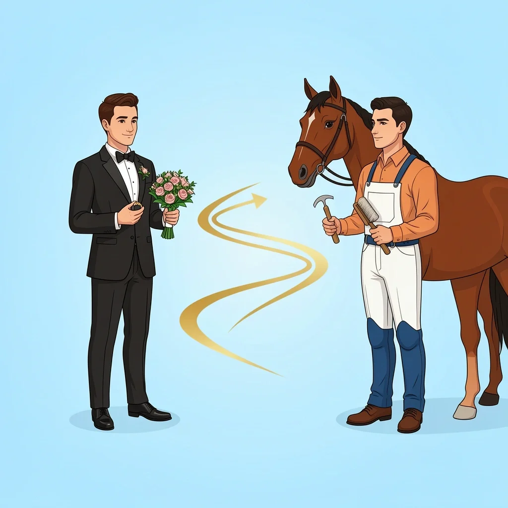Dual illustration of a wedding groom and a horse groom facing each other, representing the two meanings of the word groom