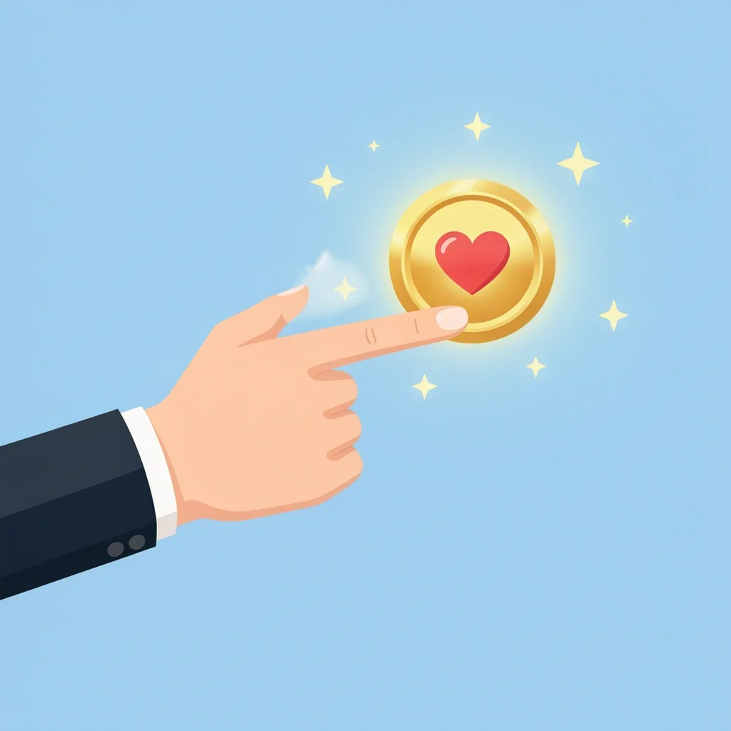 A hand clicking a heart icon on a digital interface with a glowing golden badge appearing nearby