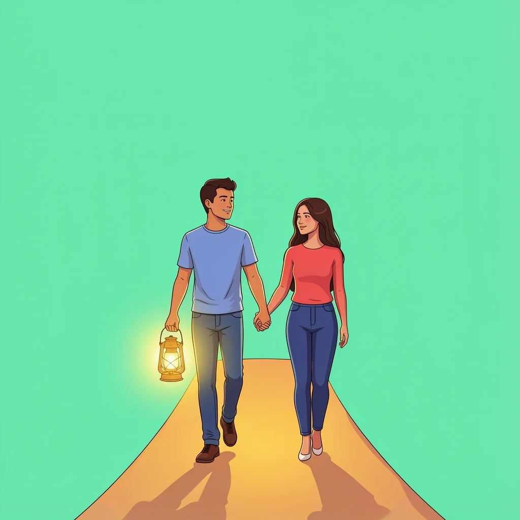 Spiritual Growth Gap Marriage Couple walking on path with one ahead holding lantern, holding hands, representing spiritual growth gap
