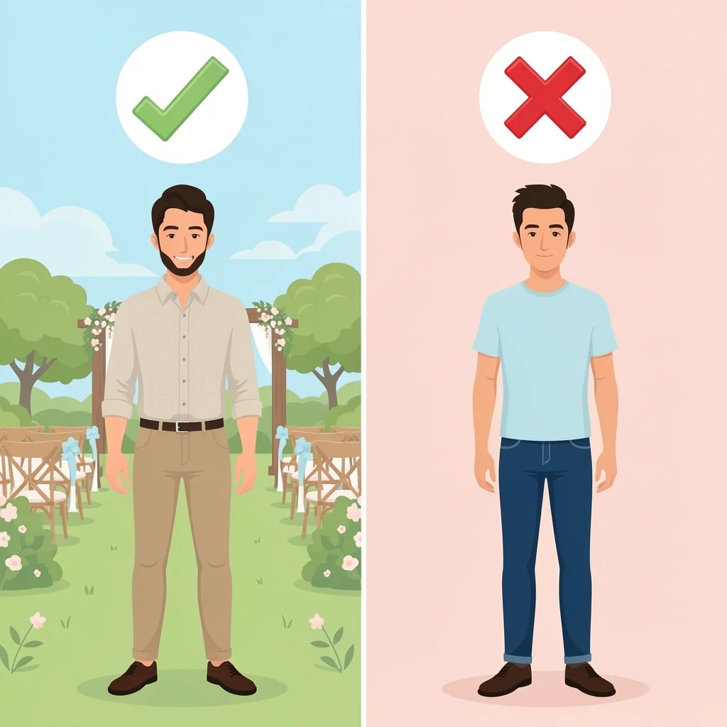 Comparison of appropriate and inappropriate wedding outfits without a blazer