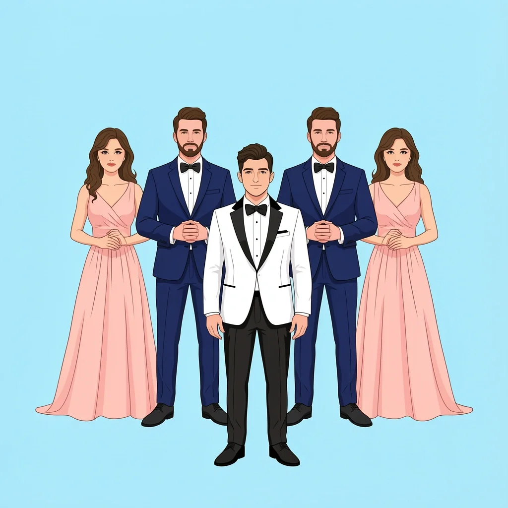 Groom White Tuxedo Wedding Party Coordination Wedding party lineup showing groom in white tuxedo with navy-suited groomsmen and blush-dressed bridesmaids