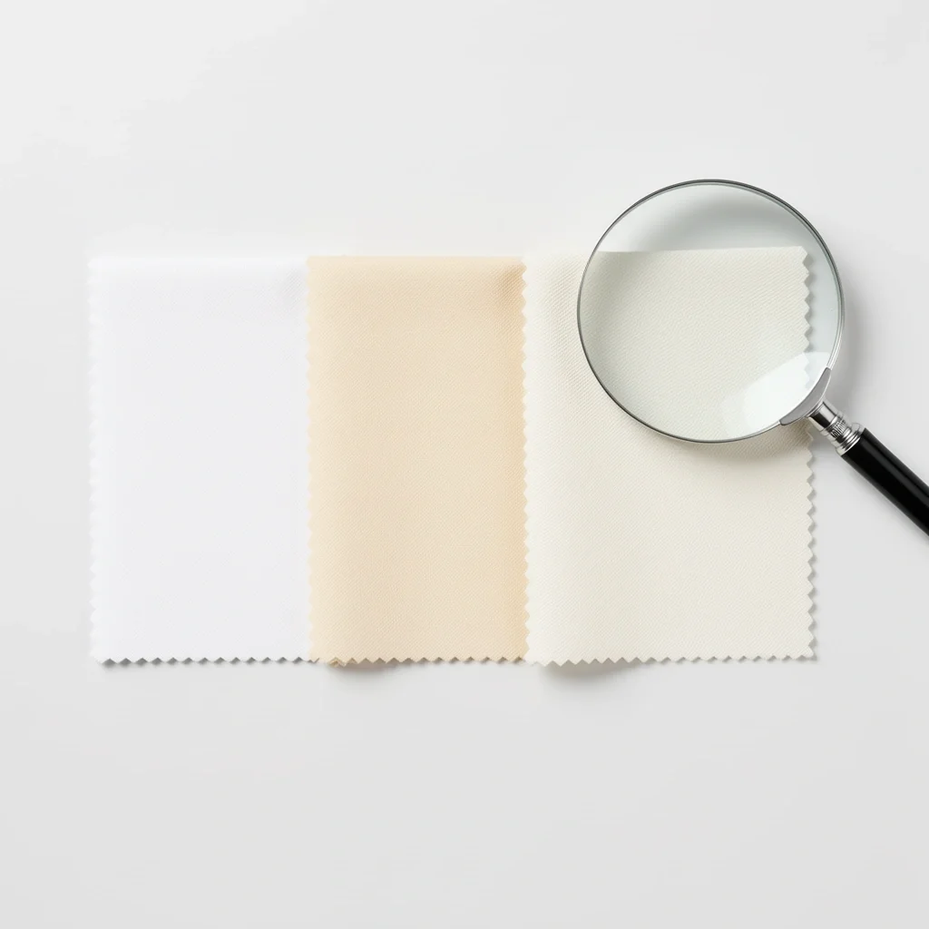 White Tuxedo Fabric Shade Comparison Three fabric swatches showing pure white, ivory, and off-white shades for tuxedo comparison