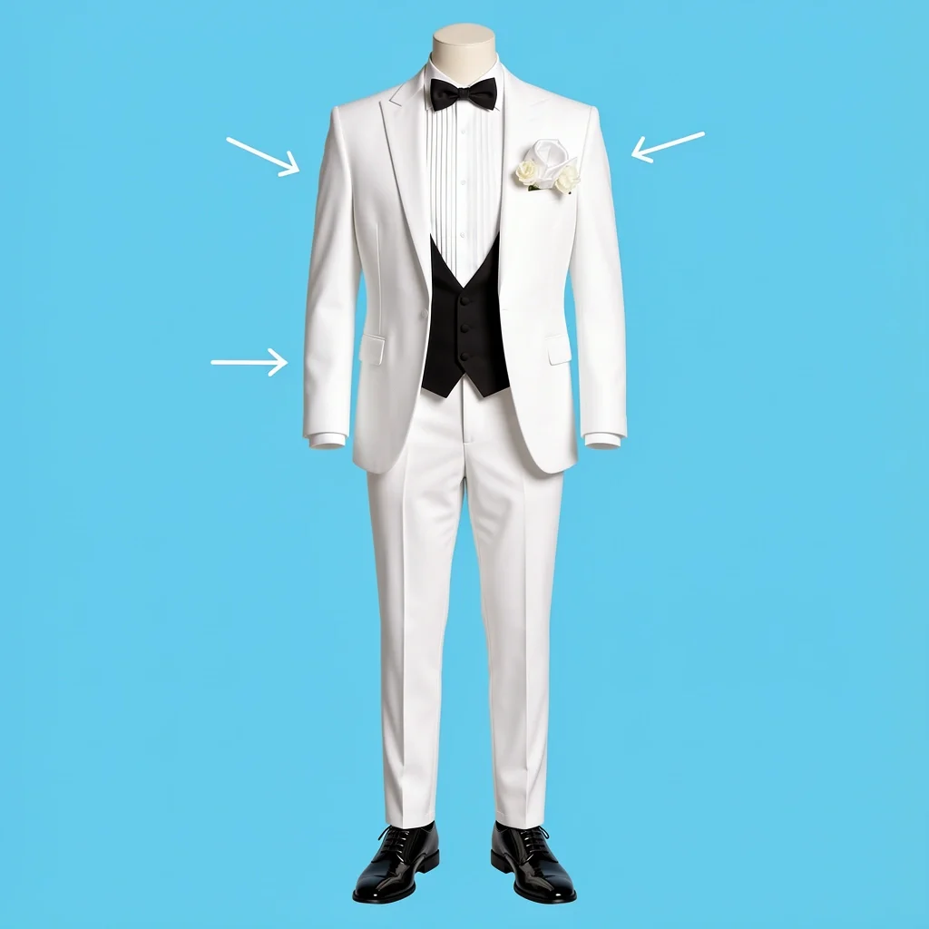 White Tuxedo Accessories Styling Guide Mannequin in white tuxedo with formal accessories: black shoes, bow tie, cummerbund, pocket square