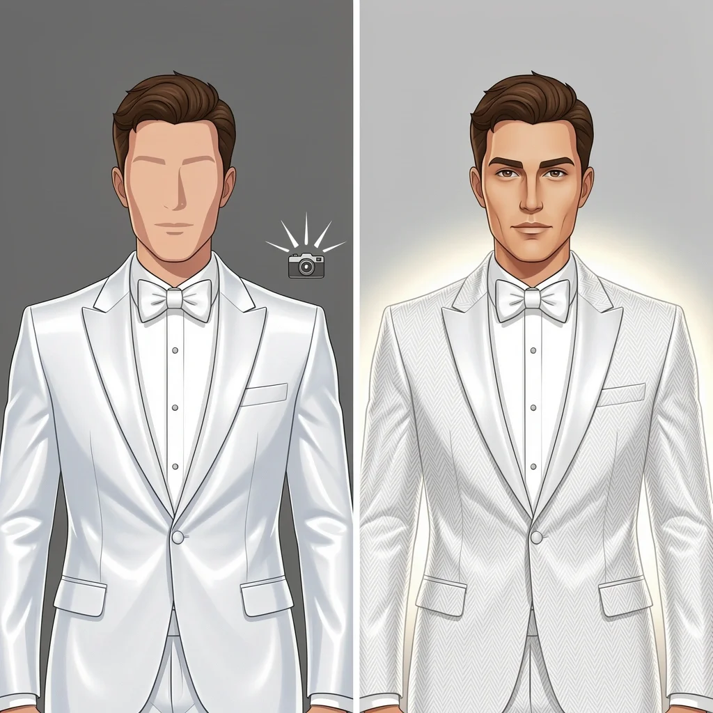 White Tuxedo Photo Behavior Texture vs Shine Comparison of white tuxedo in photos: shiny jacket looks flat, textured jacket looks dimensional