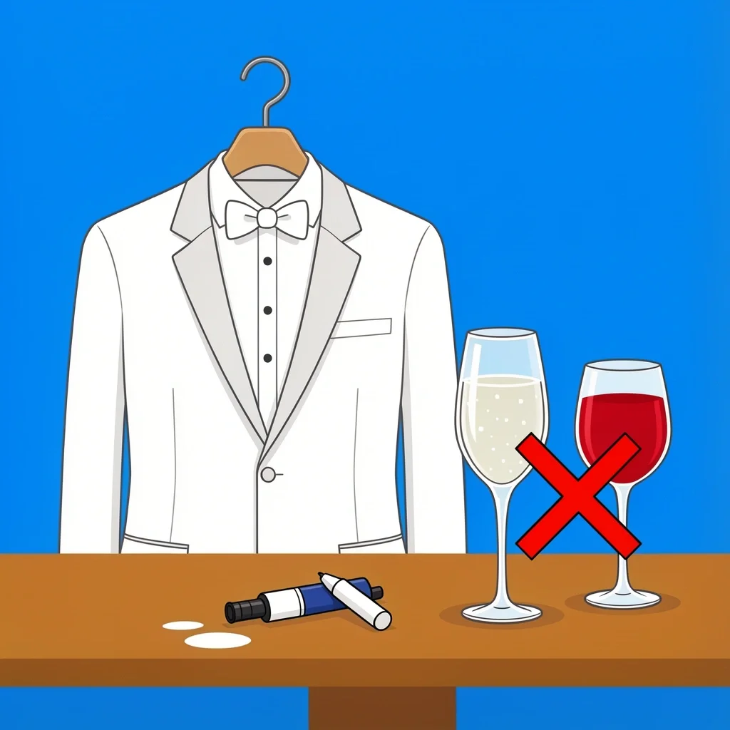 White Tuxedo Day-of Care and Preservation White tuxedo in garment bag with stain pen and champagne glass, red wine crossed out