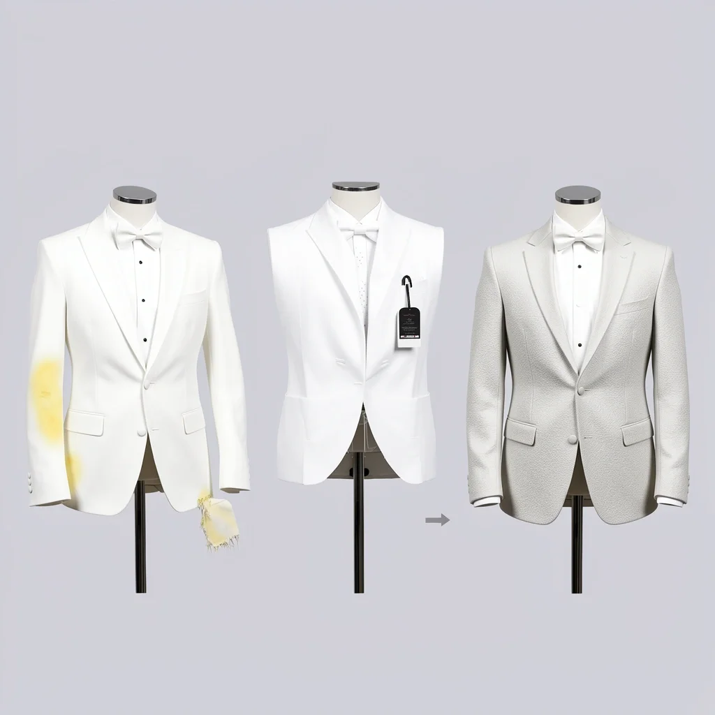 White Tuxedo Rent Buy Made-to-Measure Comparison Comparison of three white tuxedo jackets: worn rental, loose off-the-rack, and perfectly tailored made-to-measure