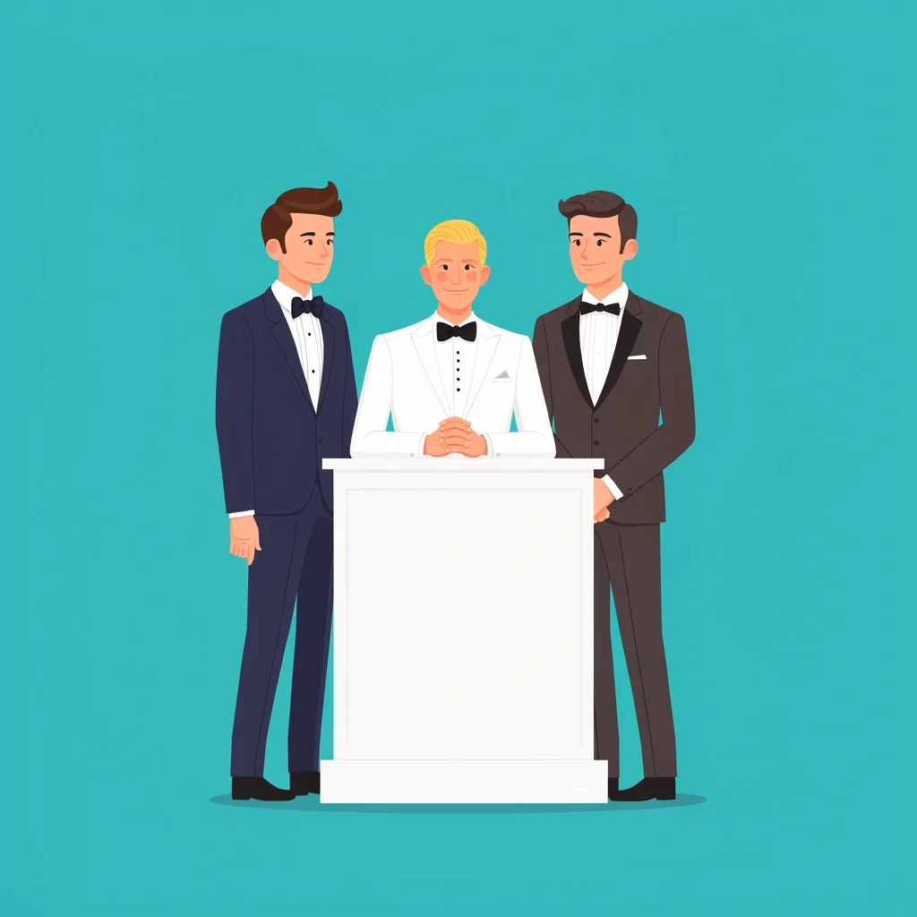 Wedding Attire Hierarchy for White Tuxedo Illustration showing groom in white tuxedo, groomsman in navy, and guest in charcoal to explain wedding attire rules