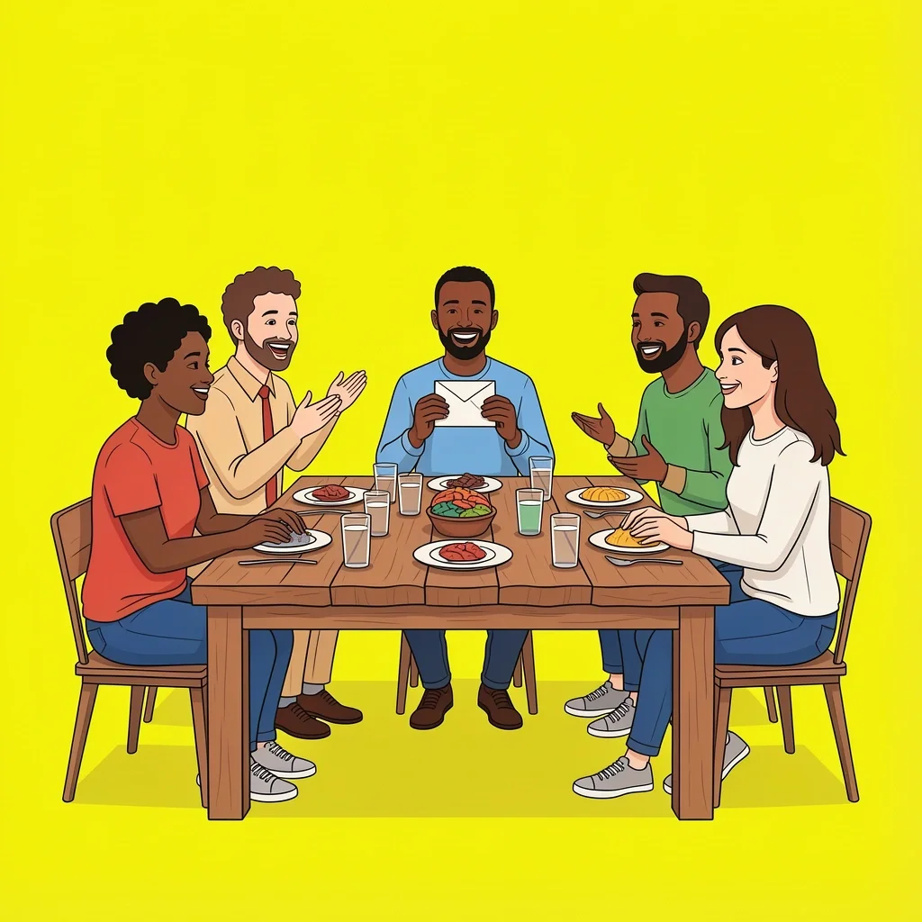 Diverse group of people at a rehearsal dinner table, one holding an invitation envelope