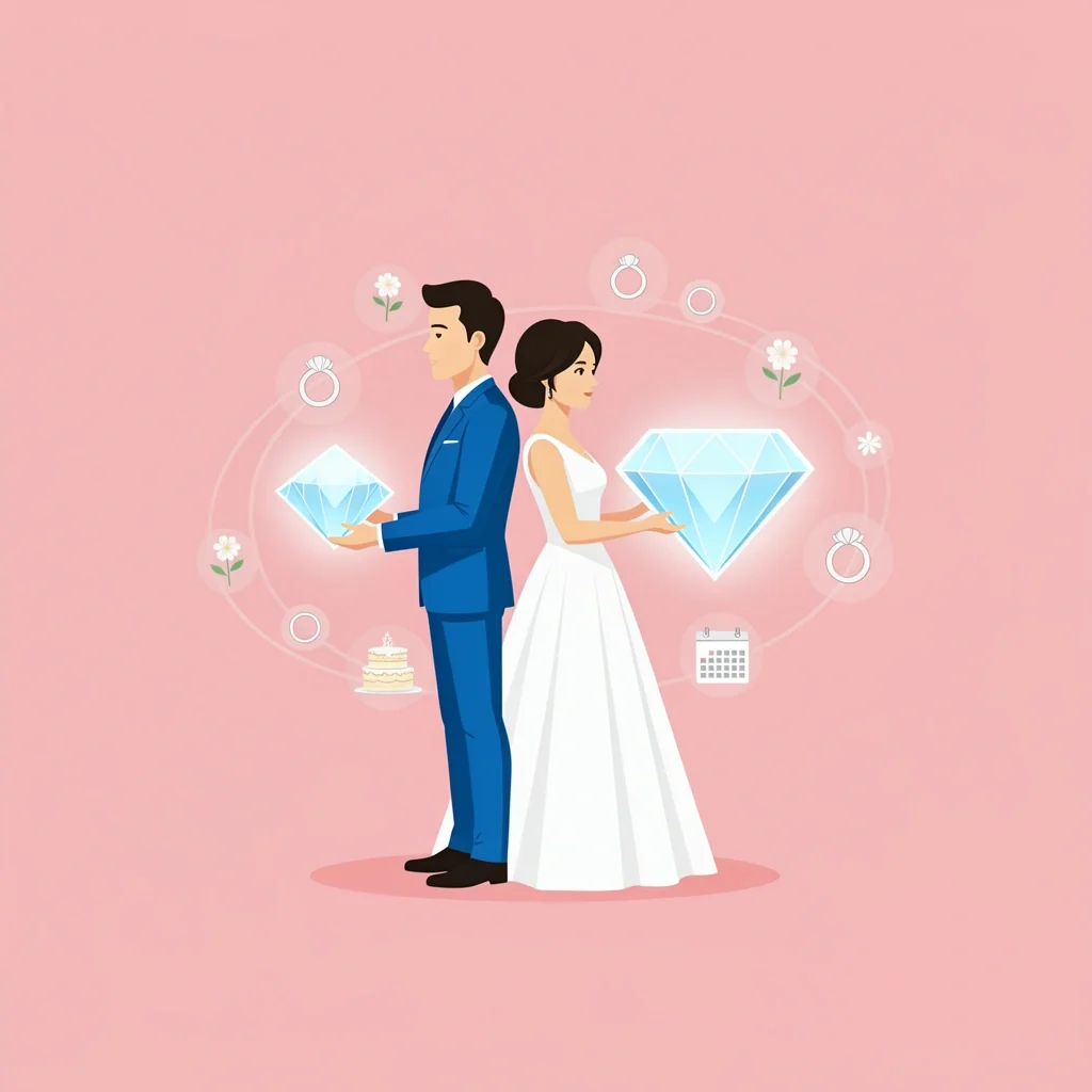 Abstract minimalist illustration of bride and groom back-to-back holding glowing diamond symbolizing wedding significance