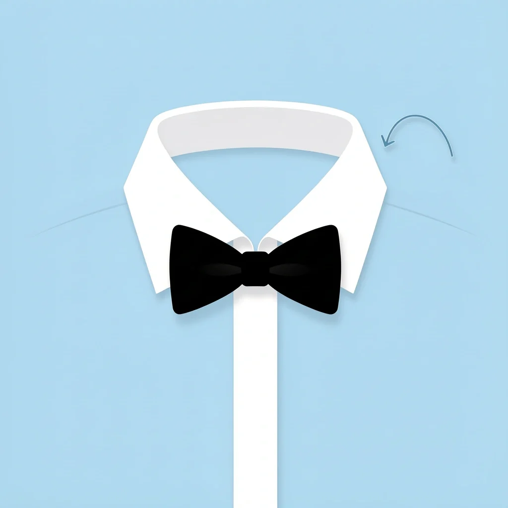 Close-up of a white wing-collar shirt with a black bow tie tied perfectly between the upright collar points on a light blue background.