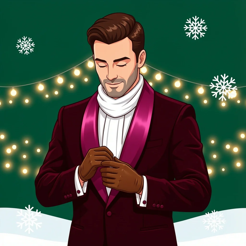 Groom in burgundy velvet shawl collar tuxedo with scarf in snowy winter wedding scene