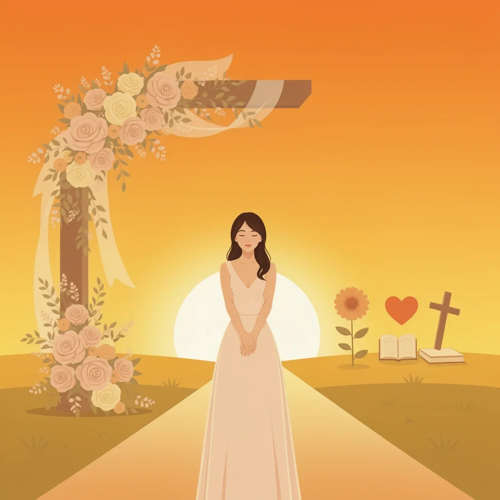 A woman standing on a path at sunset, with faded wedding decor behind and glowing symbols of growth ahead, representing personal growth after the wedding.