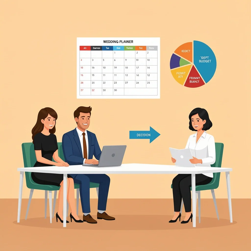 Vector of couple and planner at desk with timeline and budget icons
