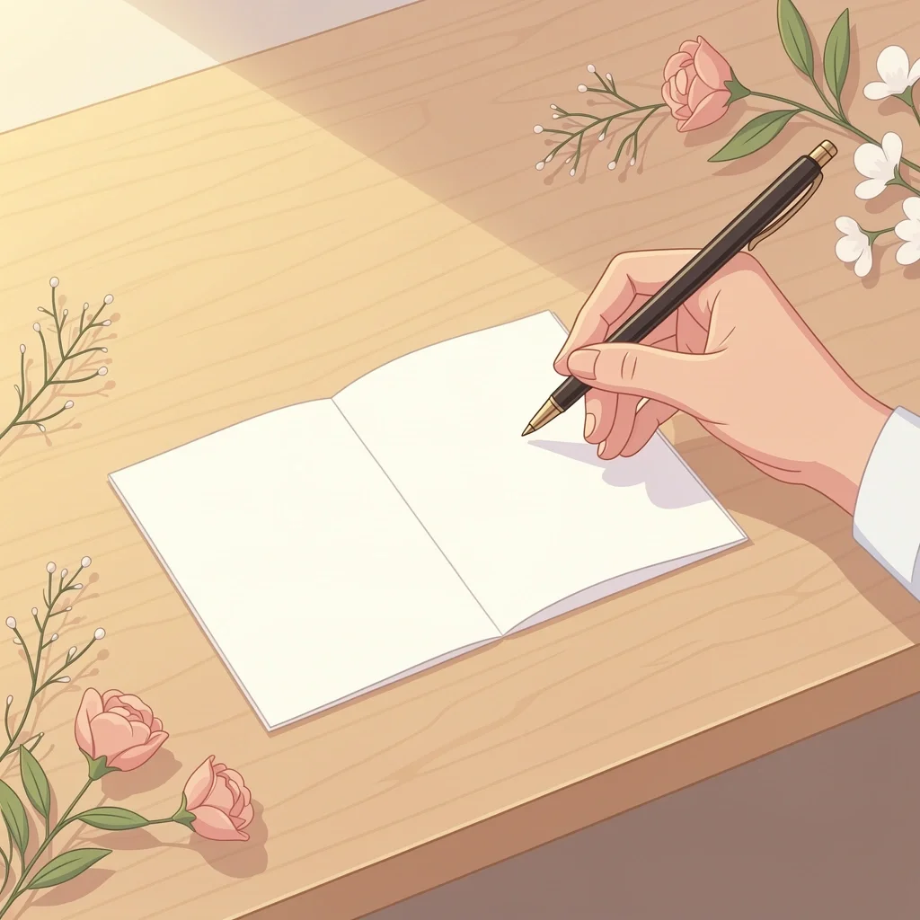 Hand holding a pen over an open wedding card with floral decor, representing writing a wedding card greeting