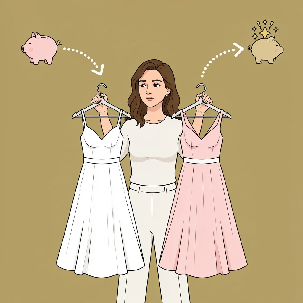 Bride holding two wedding dresses, one for ceremony and one for reception, with symbolic arrows