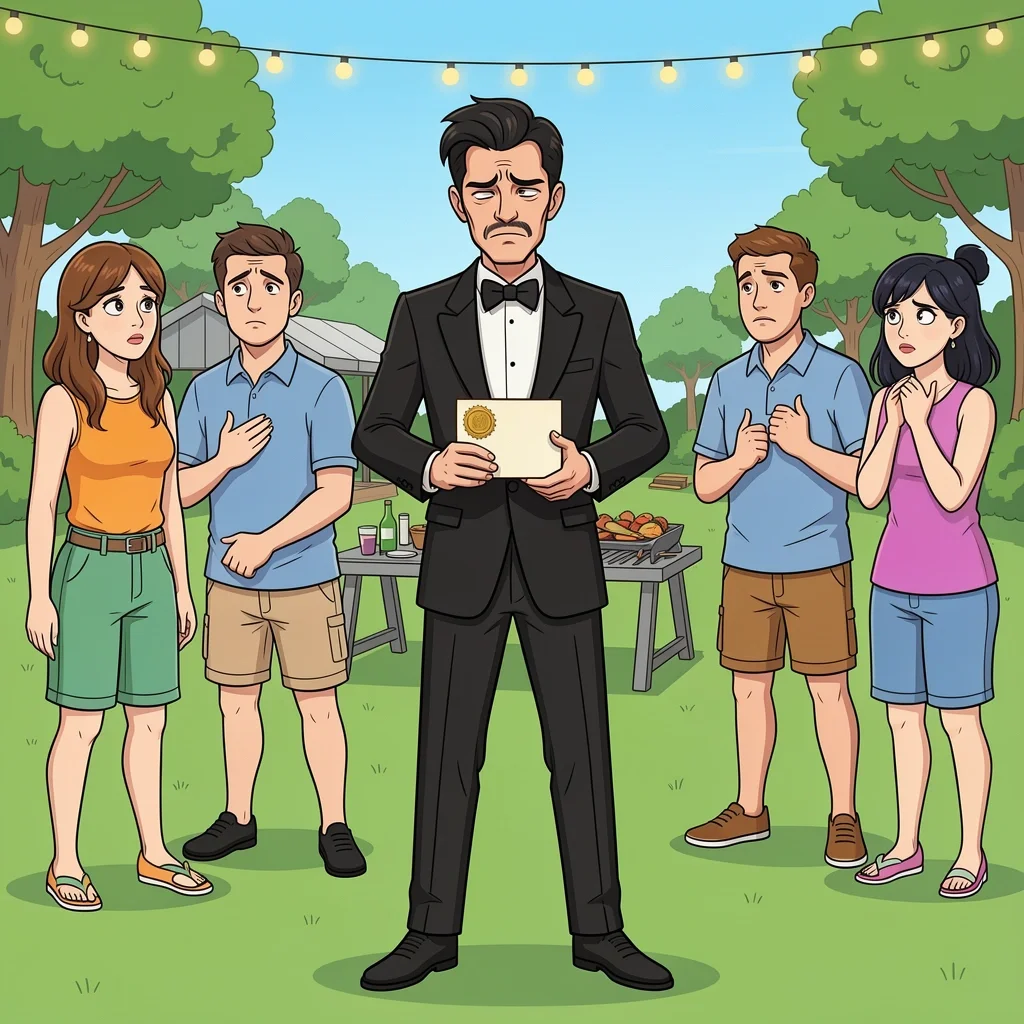 Wrong Formality in Wedding Card Greeting Character in tuxedo at a casual barbecue holding a formal card, looking uncomfortable, representing wrong level of formality in wedding card greeting