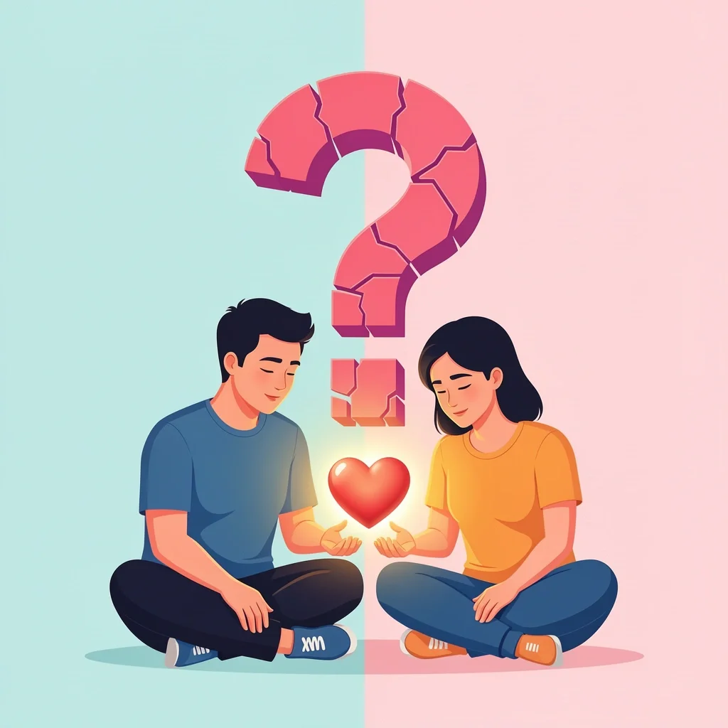 Wrong Question About Wedding Enjoyment A couple ignoring a fragmented question mark and focusing on a glowing heart, representing the wrong question about wedding enjoyment.